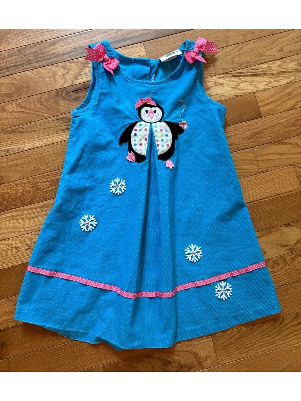 Rare Editions Girls Blue Corduroy Penguin Jumper Dress with Pink Polka Dot Bows,